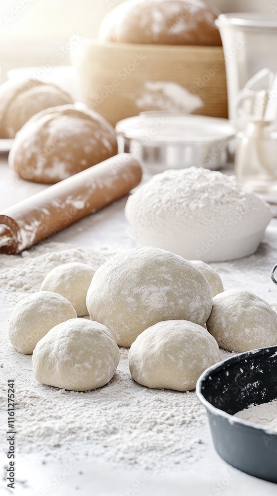 Dough balls on a flour-dusted surface, ready for baking. Dough balls on a flour-dusted surface, ready for baking.