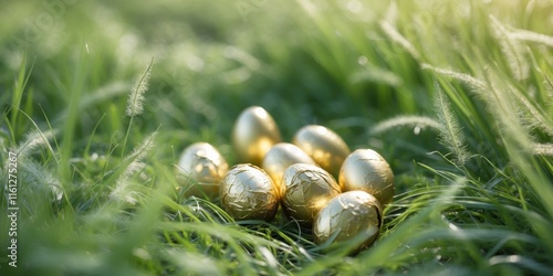 Golden Foil Wrapped Eggs Lying on Fresh Green Grass Outdoors photo