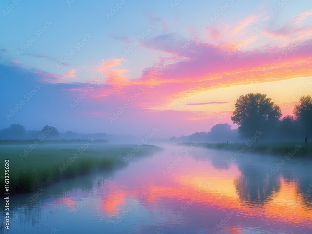 Fototapeta premium Serene river landscape at dawn with mist and colorful sky reflections