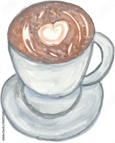 A cup of cappuccino morning coffee hand drawn watercolor illustration with isolated white background