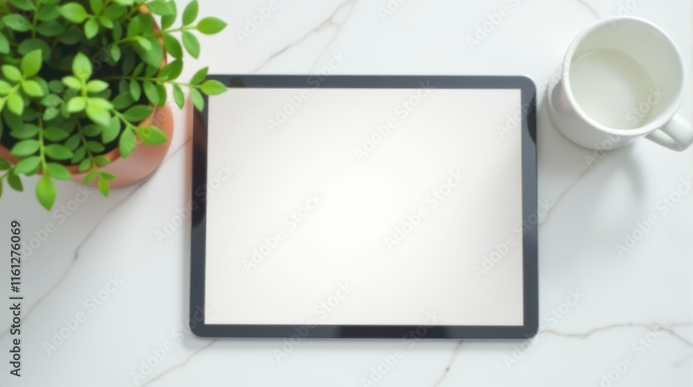 A modern tablet with a blank screen is placed on a marble surface, framed by two vibrant green potted plants A modern tablet with a blank screen is placed on a marble surface, framed by two vibrant green potted plants