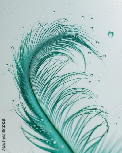 green blue bird feather elegance close up shot and wet water dew dropping macro turquoise color photo