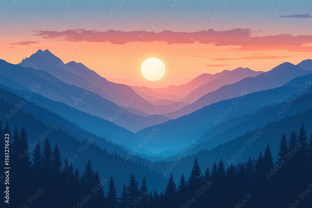 Vibrant colors fill the sky as the sun sets behind distant mountains. Silhouettes of pine trees are visible in the foreground, creating a serene atmosphere. Vibrant colors fill the sky as the sun sets behind distant mountains. Silhouettes of pine trees are visible in the foreground, creating a serene atmosphere.