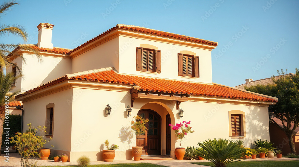 Two-Story Mediterranean-Style House with Terracotta Roof Two-Story Mediterranean-Style House with Terracotta Roof