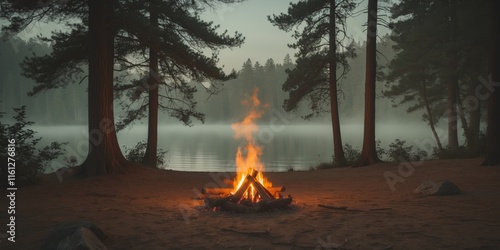 Fototapeta Naklejka Na Ścianę i Meble -  Tranquil campsite by a serene lake surrounded by pine trees and warm campfire glow