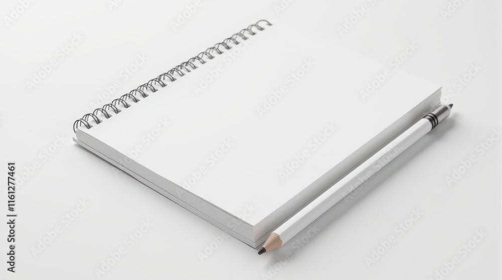 A blank spiral notebook and a pastel pink pencil on a white background A blank spiral notebook and a pastel pink pencil on a white background