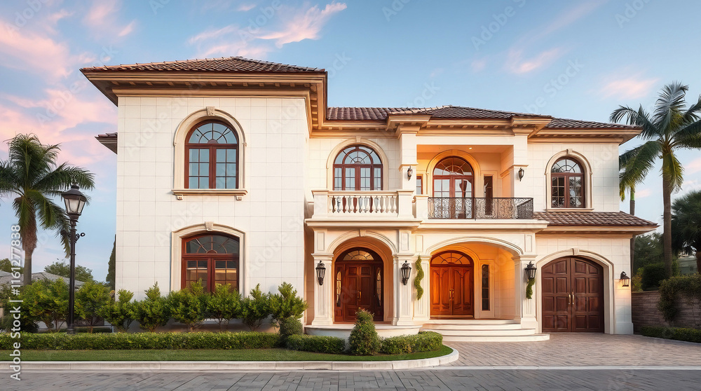 Two-story Mediterranean-style house with stucco exterior, arched entryways, balconies, and landscaping. Warm lighting illuminates the facade at dusk. Palm trees flank the property. Two-story Mediterranean-style house with stucco exterior, arched entryways, balconies, and landscaping. Warm lighting illuminates the facade at dusk. Palm trees flank the property.