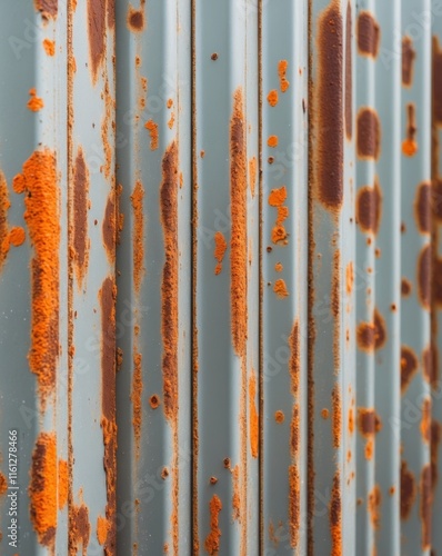 Rusty corrugated metal wall texture with orange and brown patches photo