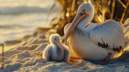 A mother pelican and her chick resting on the sand by the shore at sunset.
