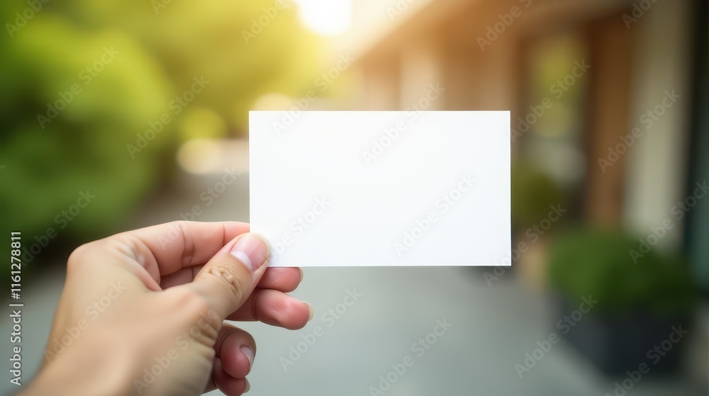 A hand holds a blank white card against a blurred natural background, offering space for custom text or design A hand holds a blank white card against a blurred natural background, offering space for custom text or design