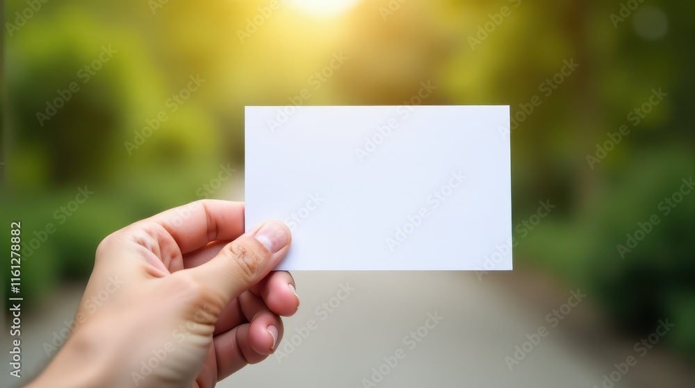 A hand holds a blank white card against a blurred natural background, offering space for custom text or design A hand holds a blank white card against a blurred natural background, offering space for custom text or design