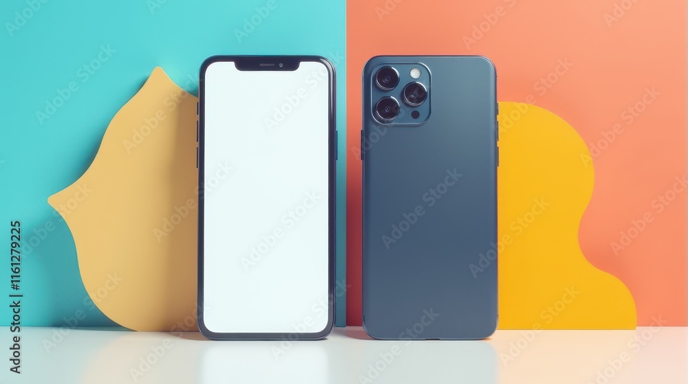 Two modern smartphones with blank screens are displayed against a colorful split background of yellow, pink, and blue geometric shapes Two modern smartphones with blank screens are displayed against a colorful split background of yellow, pink, and blue geometric shapes