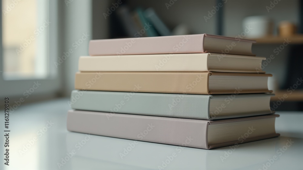 Stack of pastel-colored hardcover books on a reflective white table near a window, conveying a sense of calm and study Stack of pastel-colored hardcover books on a reflective white table near a window, conveying a sense of calm and study