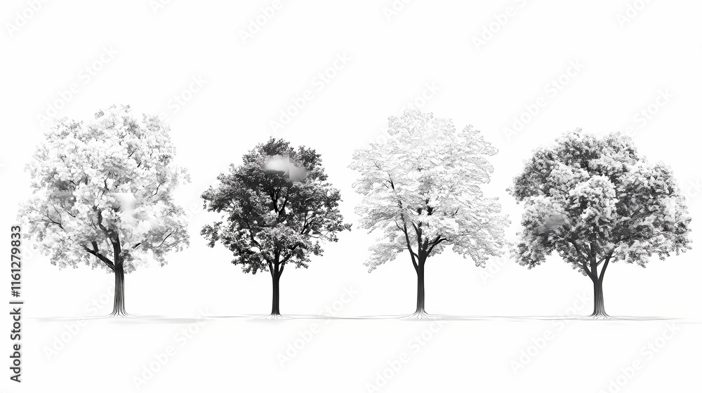 Obraz premium White oak maple tree persian ironwood set tree alpha channel. Ebonwood. Illustration