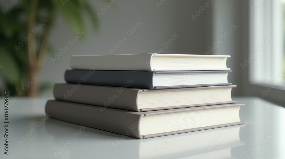 Stack of pastel-colored hardcover books on a reflective white table near a window, conveying a sense of calm and study Stack of pastel-colored hardcover books on a reflective white table near a window, conveying a sense of calm and study
