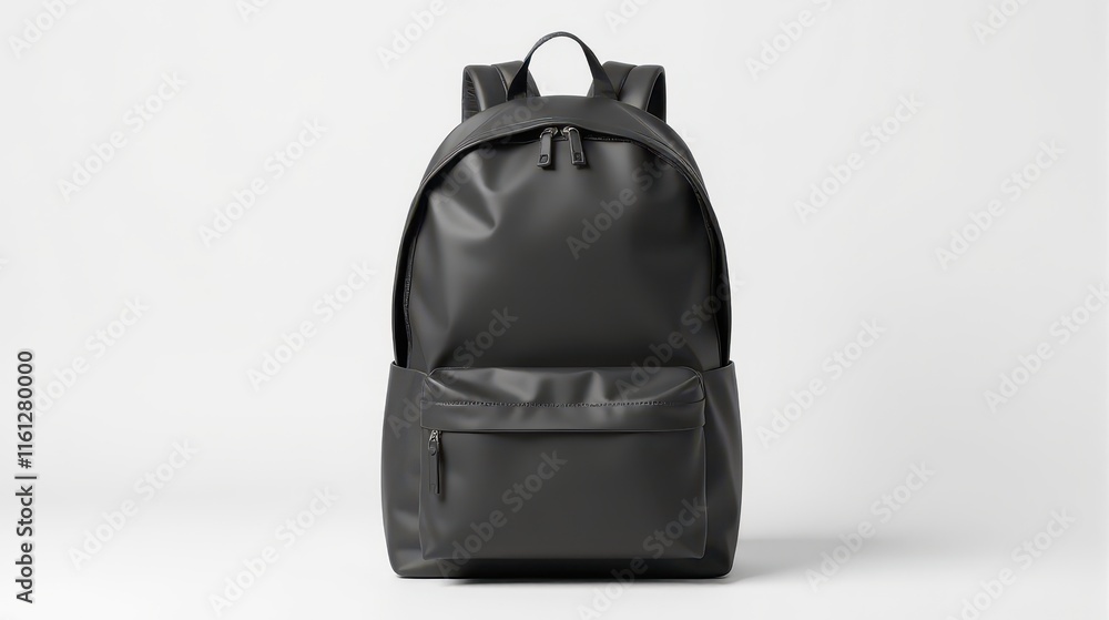 Naklejka premium A sleek gray backpack with minimalist design, featuring a front zipper pocket and top handle, set against a clean white background
