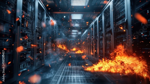 Data center fire incident server room digital content high-tech environment dramatic viewpoint destruction concept photo