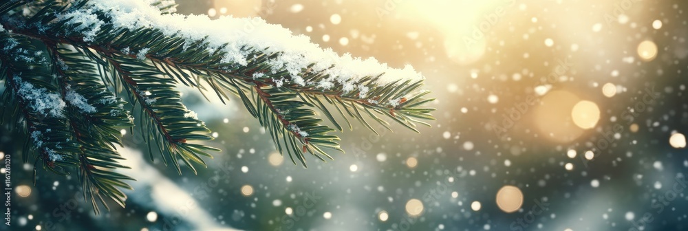 A snowy pine branch with soft bokeh lights in the background, evoking winter's beauty. A snowy pine branch with soft bokeh lights in the background, evoking winter's beauty.