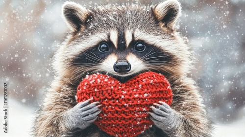 Red knitted heart in the paws of a raccoon. Card with a fluffy raccoon for Valentine's Day, symbolizing love and care