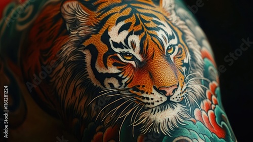 A vibrant tattoo of a tiger, showcasing intricate details and colors on skin. photo