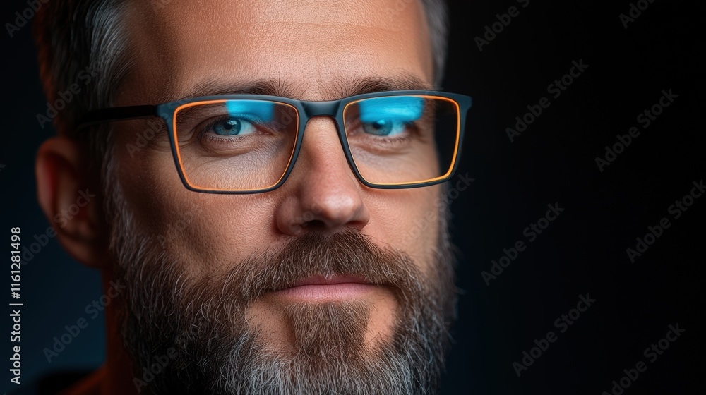 A close-up portrait of a man with glasses and a beard against a dark background, showcasing an intelligent and thoughtful expression, Ideal for articles on technology, business, and lifestyle, A close-up portrait of a man with glasses and a beard against a dark background, showcasing an intelligent and thoughtful expression, Ideal for articles on technology, business, and lifestyle,