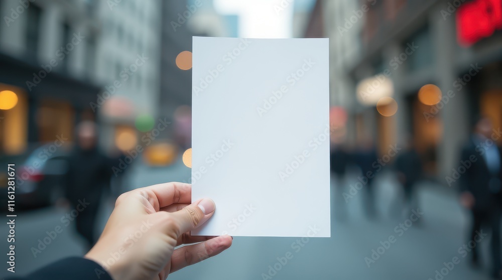 A person holds a blank sheet in focus against a blurred urban street scene with pedestrians A person holds a blank sheet in focus against a blurred urban street scene with pedestrians
