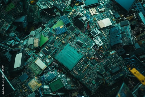 A Pile of Green and Blue Circuit Boards Wires Parts and Electronics

 photo