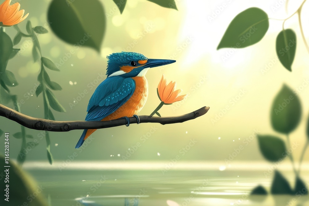 A vibrant kingfisher sits gracefully on a branch near serene water. Sunlight filters through lush leaves, creating a peaceful atmosphere filled with nature's beauty. A vibrant kingfisher sits gracefully on a branch near serene water. Sunlight filters through lush leaves, creating a peaceful atmosphere filled with nature's beauty.