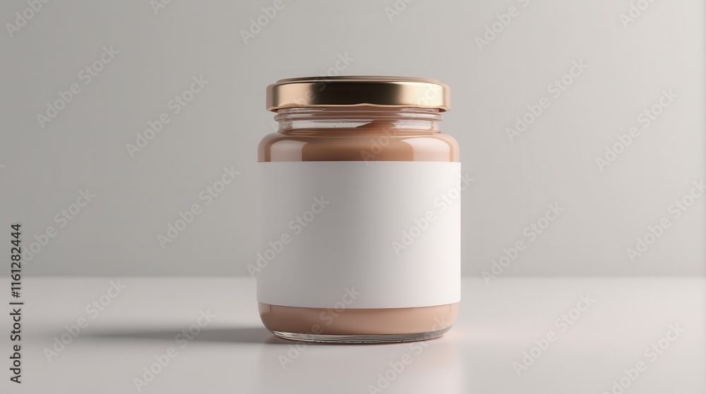 A minimalist, peach-hued jar with a blank label and metallic lid stands against a soft, neutral background A minimalist, peach-hued jar with a blank label and metallic lid stands against a soft, neutral background