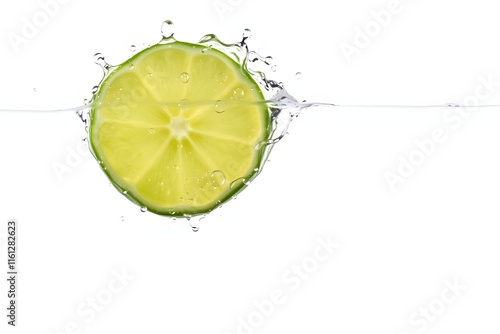 A fresh lime slice splashes into water, highlighting freshness and vitality.