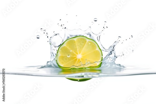 A lime slice splashes into clear water, creating a refreshing visual effect.