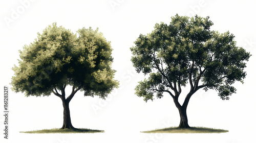 Set of salix babylonica and alnus rubra frontal set street trees isolated png on a transparent background perfectly cutout. Ebonwood. Illustration photo