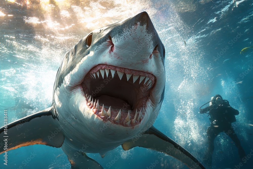 Obraz premium A diver observes a large shark with an open mouth showcasing its sharp teeth while swimming in clear blue waters illuminated by sunlight. The ocean is vibrant and alive.