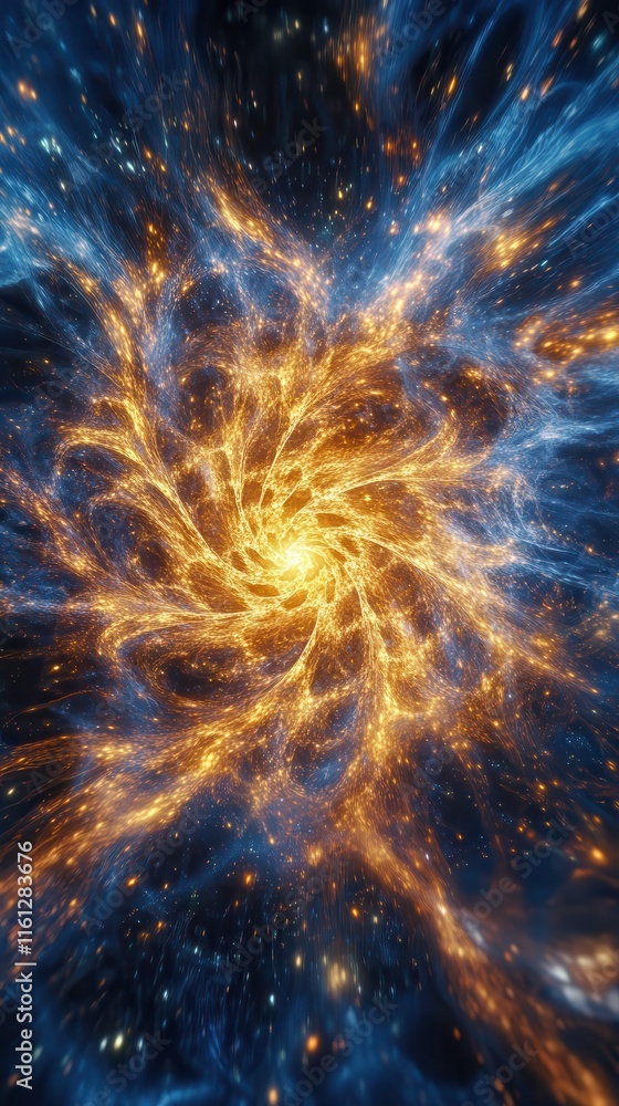 Fototapeta premium Swirling Fractal Pattern of Electric Blue and Gold Radiating Outward in a Cosmic Explosion. Generative AI