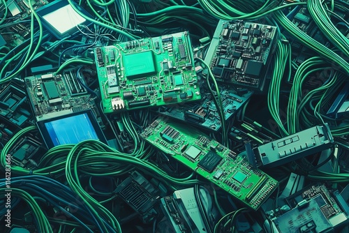 A Pile of Green and Blue Circuit Boards Wires Parts and Electronics

 photo