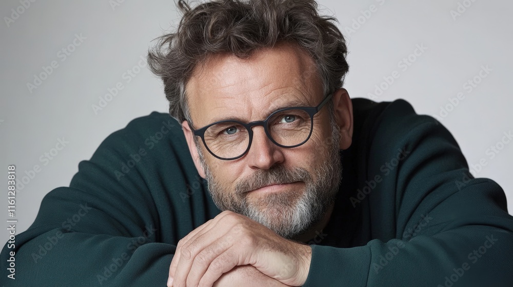 Fototapeta premium A thoughtful middle-aged man with curly hair and glasses leans on his arms, conveying a sense of introspection and wisdom, This image can be used for articles on personal growth or mental health,