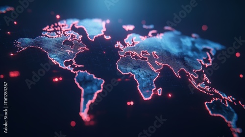 Vibrant World Map Displayed on a Deep Blue Background Illustrating Global Connections and Data Flow in a Modern and Technologically Inspired Context photo