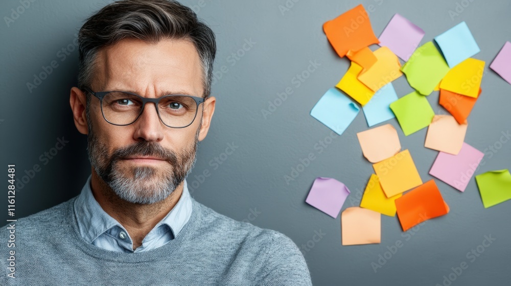 A serious man with glasses stands against a gray wall, beside colorful sticky notes, This image can be utilized for themes of productivity, planning, or brainstorming in a business context, A serious man with glasses stands against a gray wall, beside colorful sticky notes, This image can be utilized for themes of productivity, planning, or brainstorming in a business context,