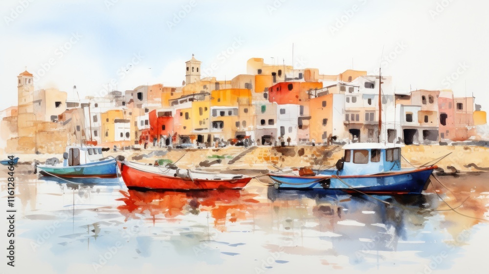 Watercolor Painting of a Coastal Town with Boats Watercolor Painting of a Coastal Town with Boats
