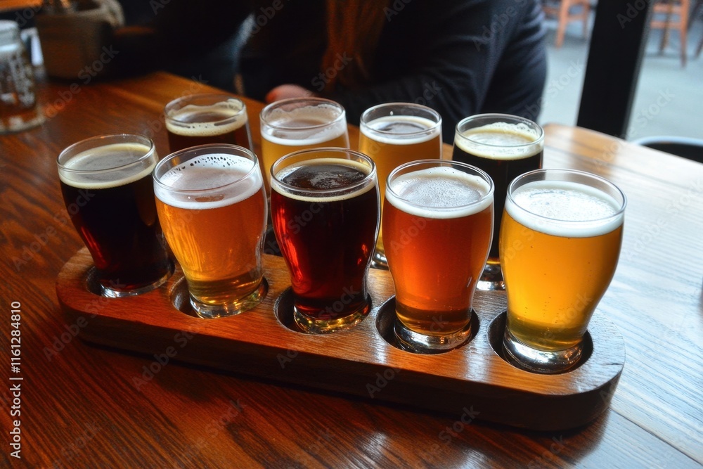 Craft beer flight arranged on a wooden paddle at a brewery with various styles of beer in small glasses Craft beer flight arranged on a wooden paddle at a brewery with various styles of beer in small glasses