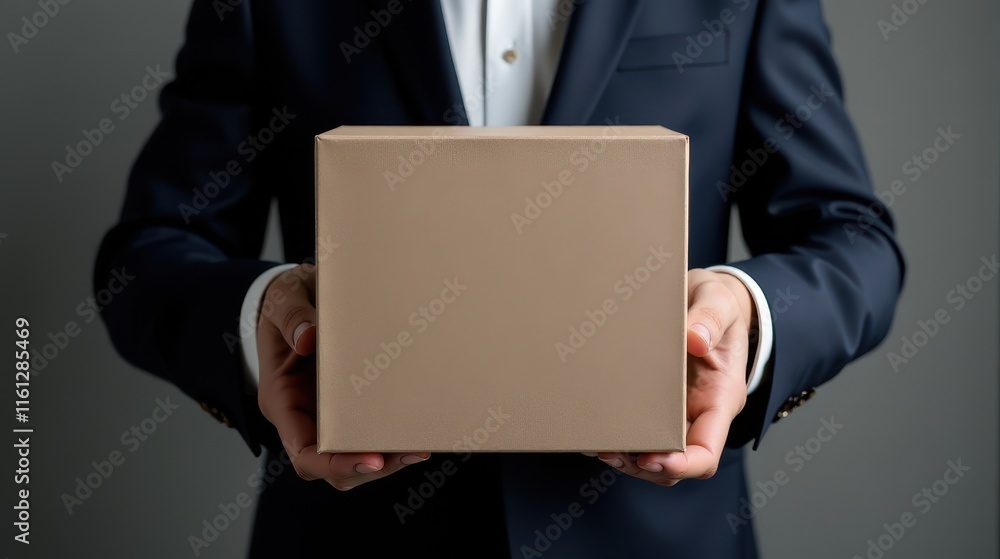 Man in a suit holding a neatly wrapped beige gift box with a satin ribbon, emphasizing the elegance and sophistication of gift-giving Man in a suit holding a neatly wrapped beige gift box with a satin ribbon, emphasizing the elegance and sophistication of gift-giving