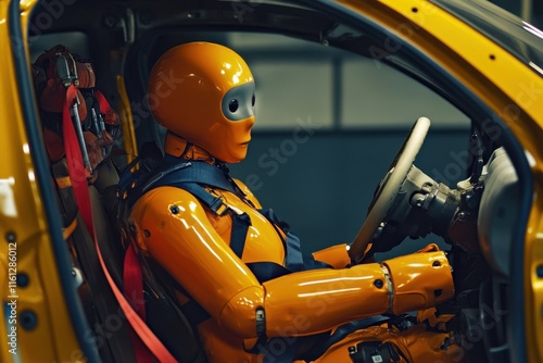 Crash test dummy sits in a car during a safety assessment at an automotive research facility