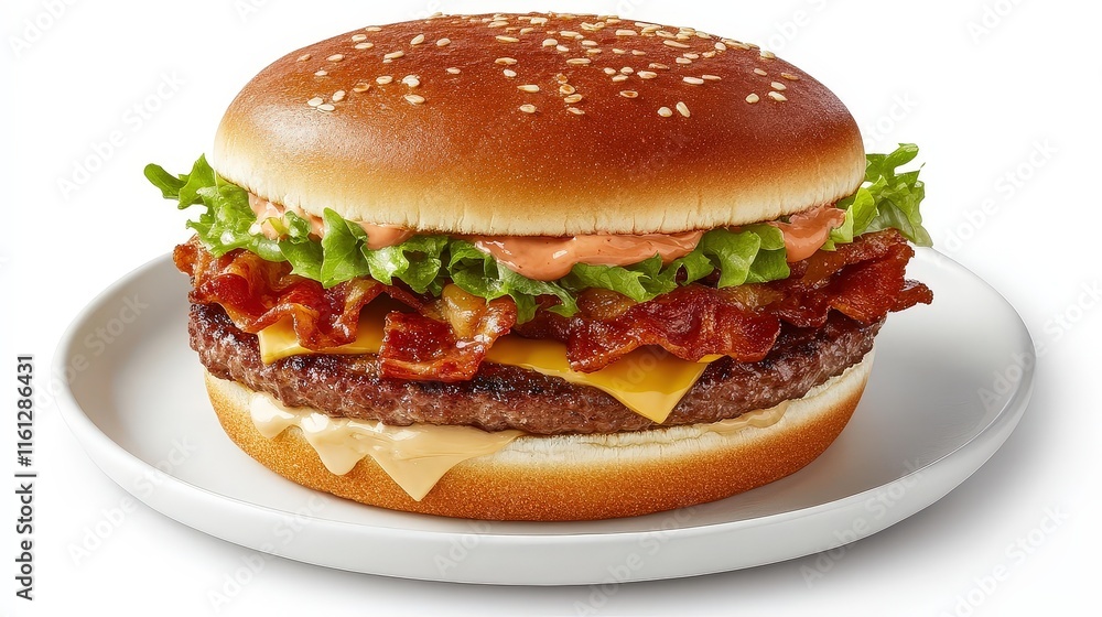 A delicious burger with a sesame seed bun, crispy bacon, a beef patty, lettuce, cheese, and sauce on a white plate. The combination of ingredients makes it visually appealing and appetizing. A delicious burger with a sesame seed bun, crispy bacon, a beef patty, lettuce, cheese, and sauce on a white plate. The combination of ingredients makes it visually appealing and appetizing.
