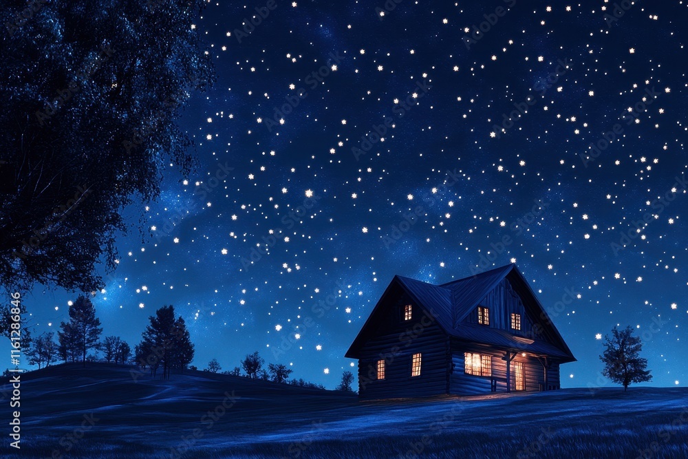 Fototapeta premium A cozy wooden house stands alone under a vast starry night sky. Bright stars twinkle above, illuminating the serene landscape and nearby trees, creating a peaceful atmosphere.