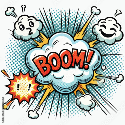 Cartoon comic sign burst cloud. Speech bubble, boom sign expression and   on a white background