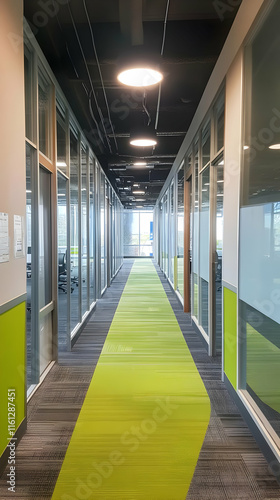 A modern office hallway featuring glass walls and vibrant green carpeting.