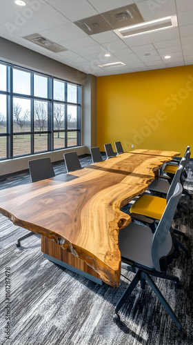 A modern conference room featuring a large wooden table and ergonomic chairs.