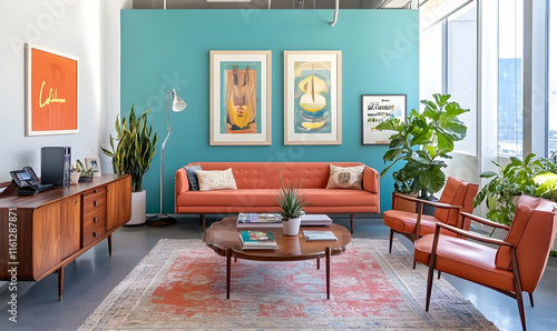 Modern office lounge with a vibrant color scheme and stylish furniture for relaxation.