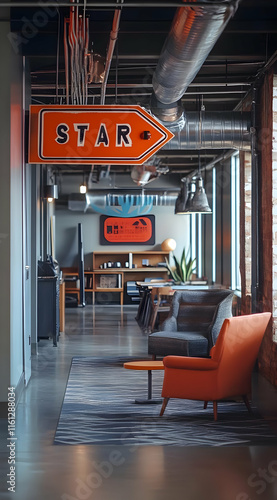 Modern office space with seating areas and directional signage.