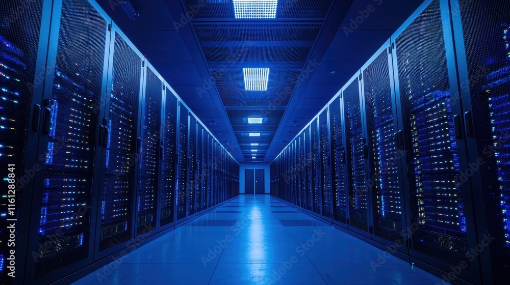 Data center operations digital facility infrastructure technology environment wide-angle view server management concept